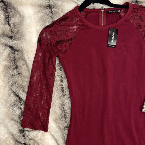 EXPRESS:Maroon Mini Dress Lace Quarter Sleeve NWT - Picture 2 of 6